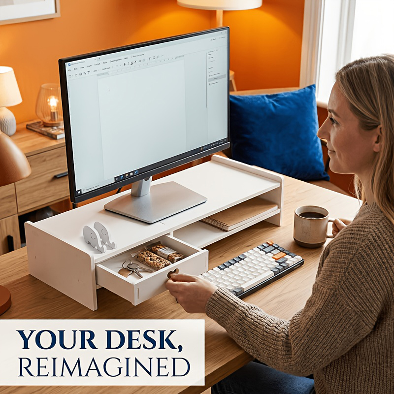 Desk Setup Riser - Минималистичная белая подставка-органайзер для монитора из
