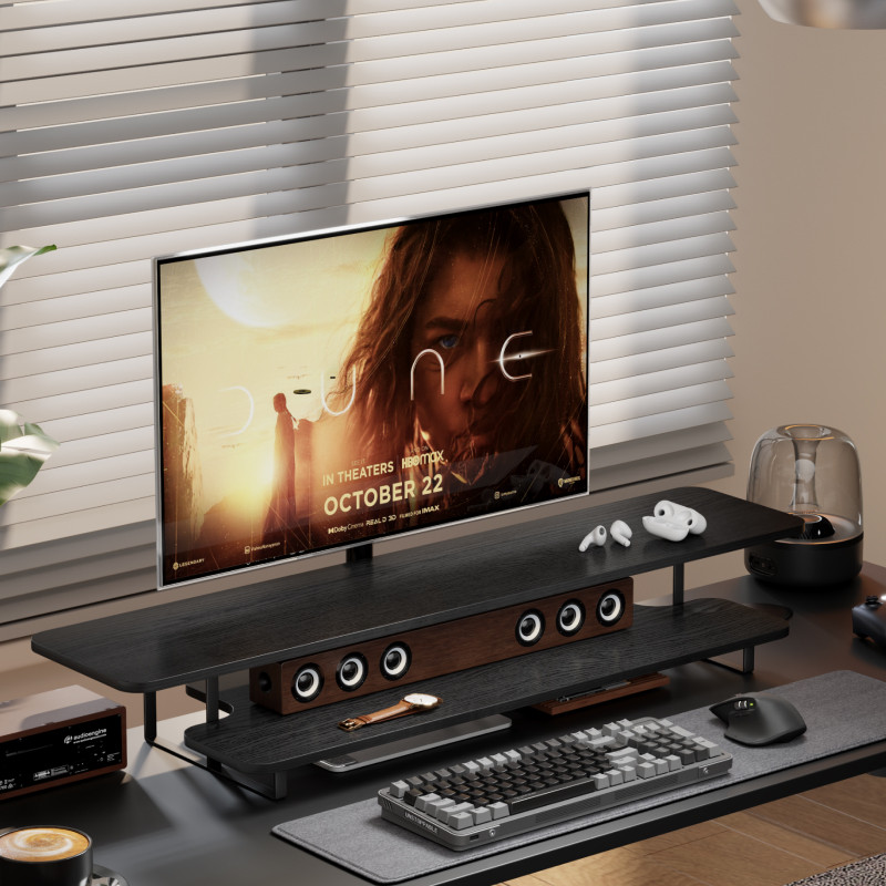 Desk Setup Laptop And Monitor - Подставка для монитора из массива дерева