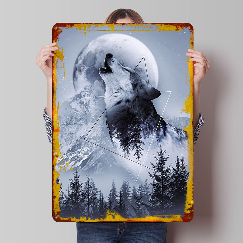 Desk Setup Poster - Металлический постер «Вой волка»: винтажная ретро-табличка